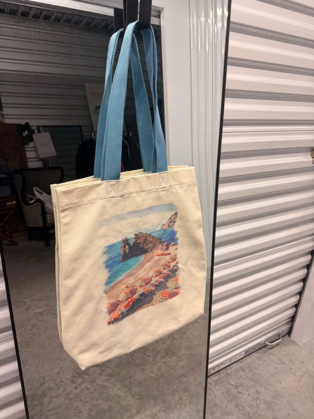 Goodfellow & Co Cream Canvas Tote with Blue Handles and Coastal Print